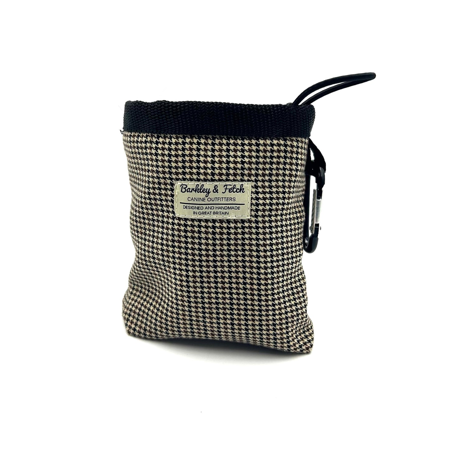 Beautifully made stone dogtooth check treat bag with drawstring and attachable clip