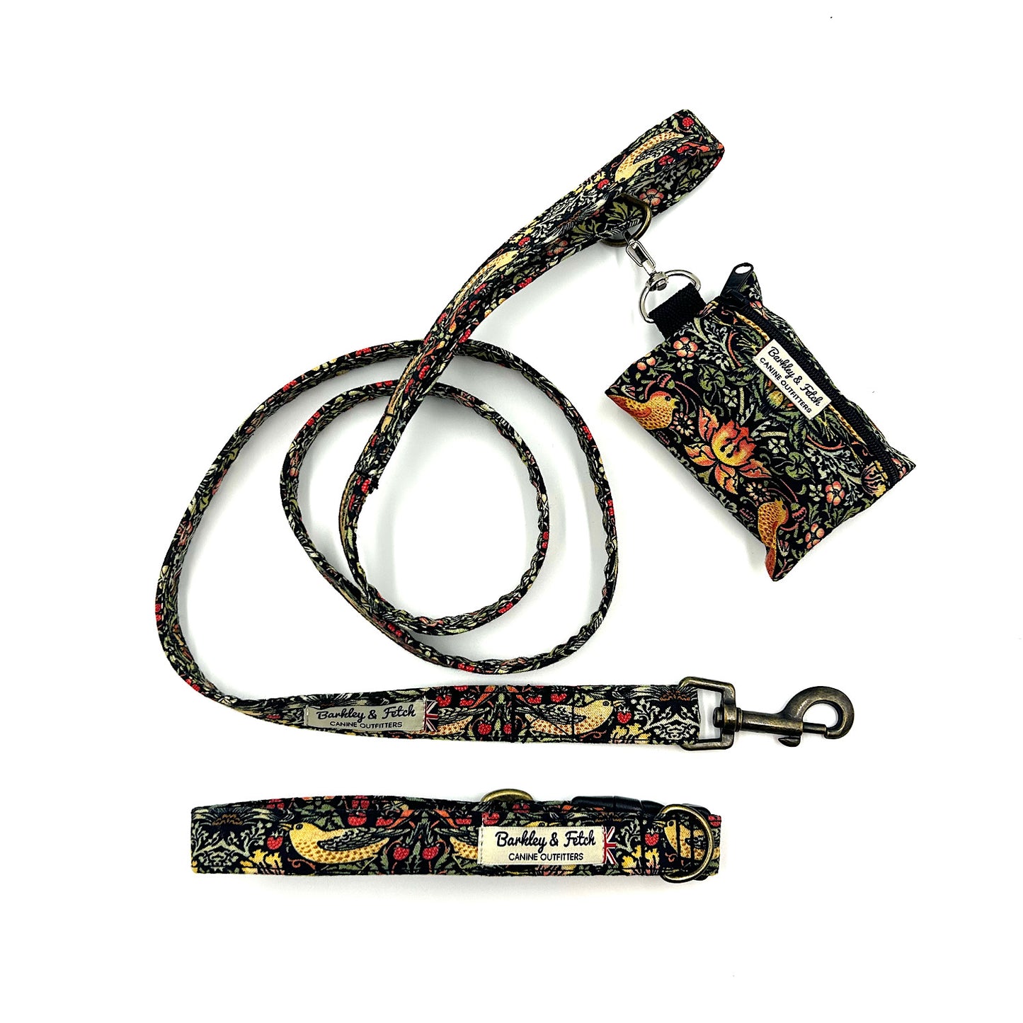 Handmade Strawberry thief dog accessories on a white background