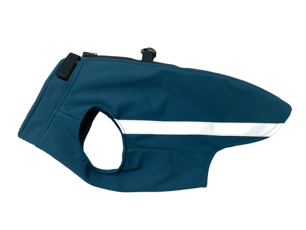 Teal softshell dog coat side