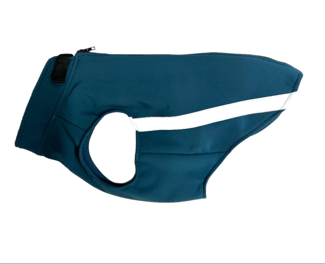 Teal softshell handmade dog coat with zip up the backend reflective trim