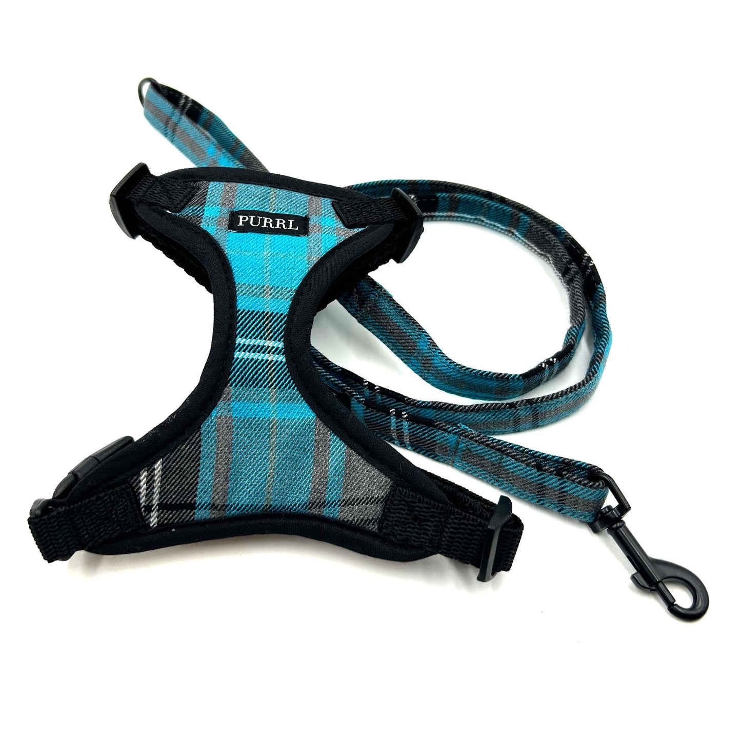 Stylish turquoise and grey tartan cat harness with black trims and lead