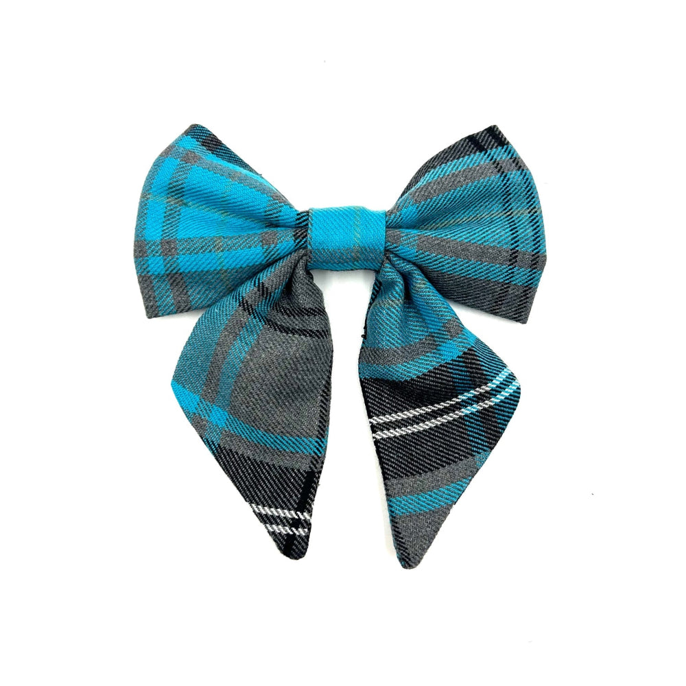 Handmade sailor bow in turquoise and grey check fabric made to attach to a dog collar handmade in uk by barkley and fetch