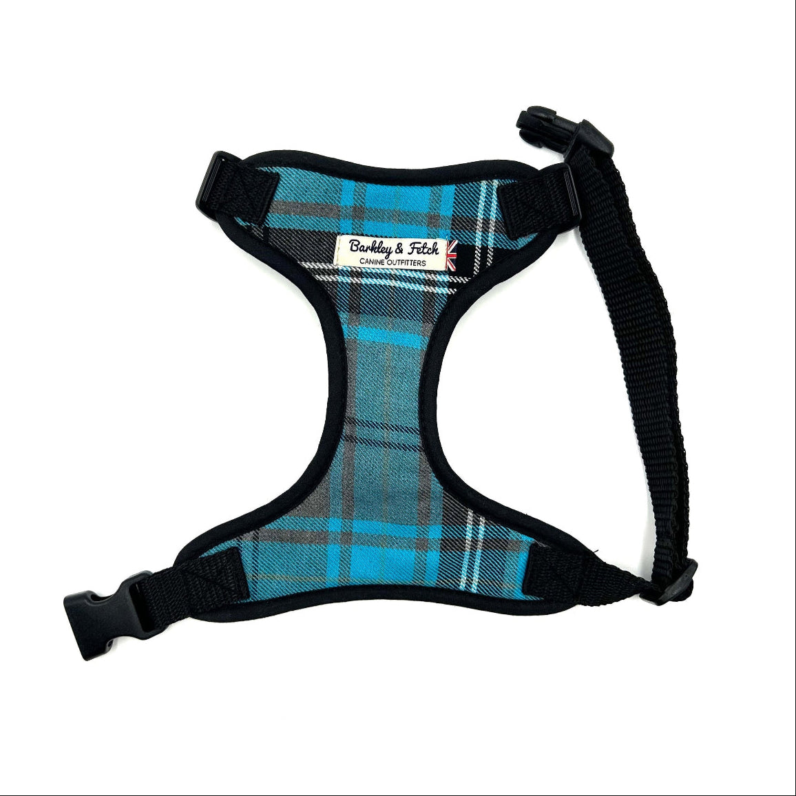 handmade Turquoise and Grey Tartan Dog Harness