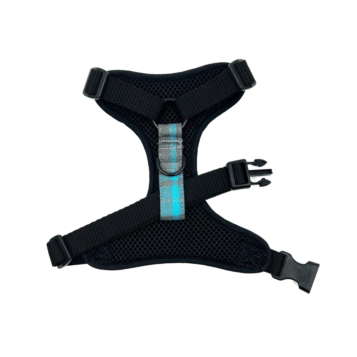 Black dog harness with reflective strip on a white background handmade by Barkley and Fetch UK