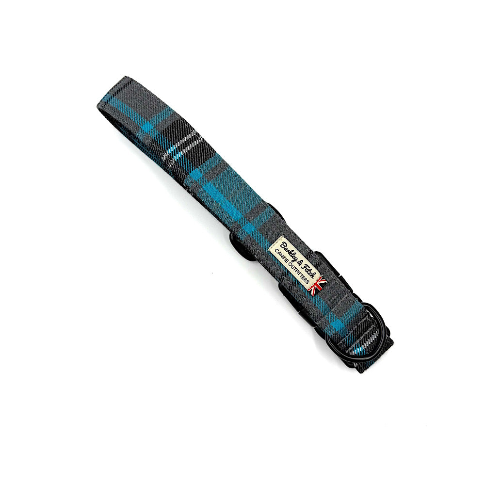 Turquoise and Grey Tartan Dog Collar