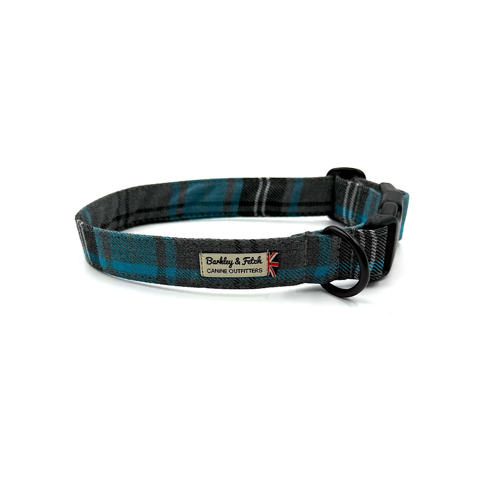 Turquoise and Grey Tartan Dog Collar