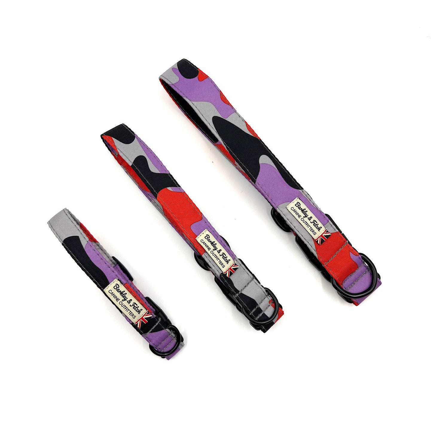Three colorful dog collars with a brand label on a white background