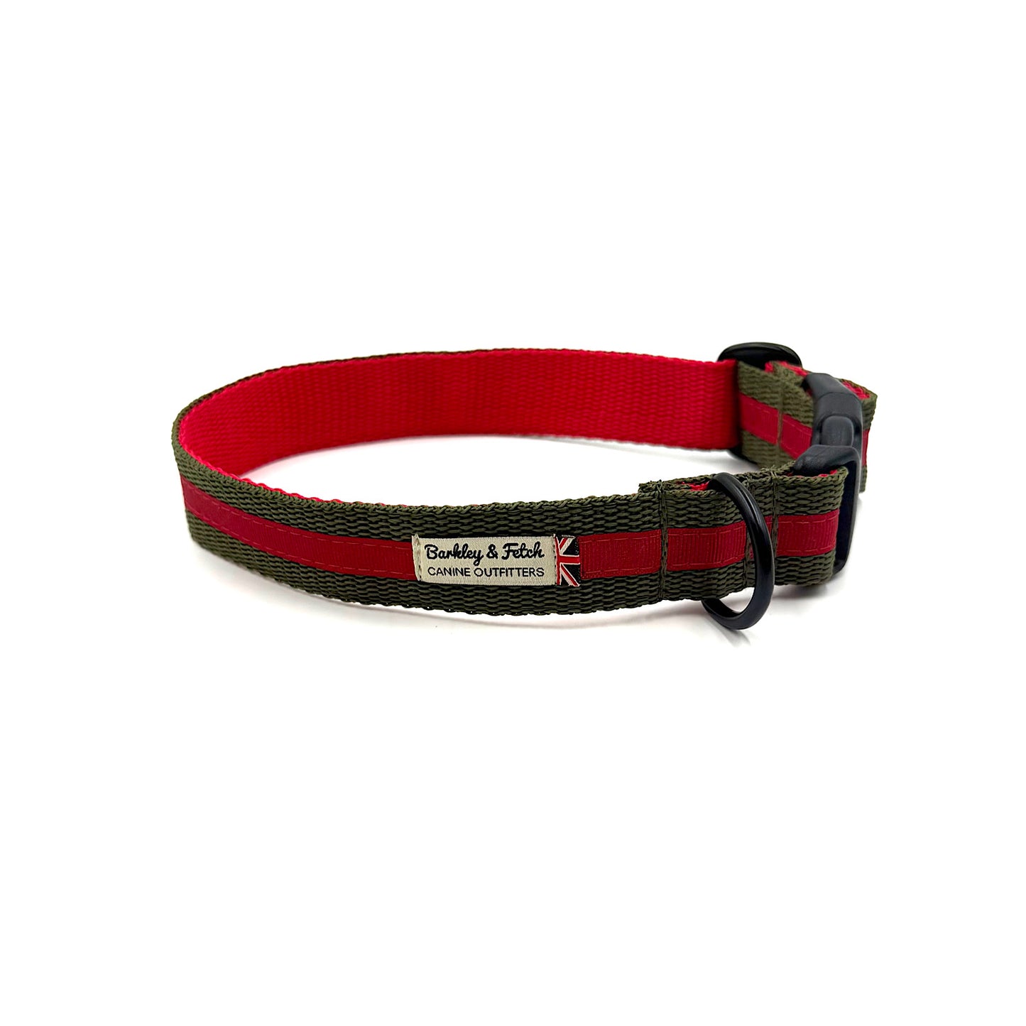 Red and green striped dog collar with a visible brand label on a white background