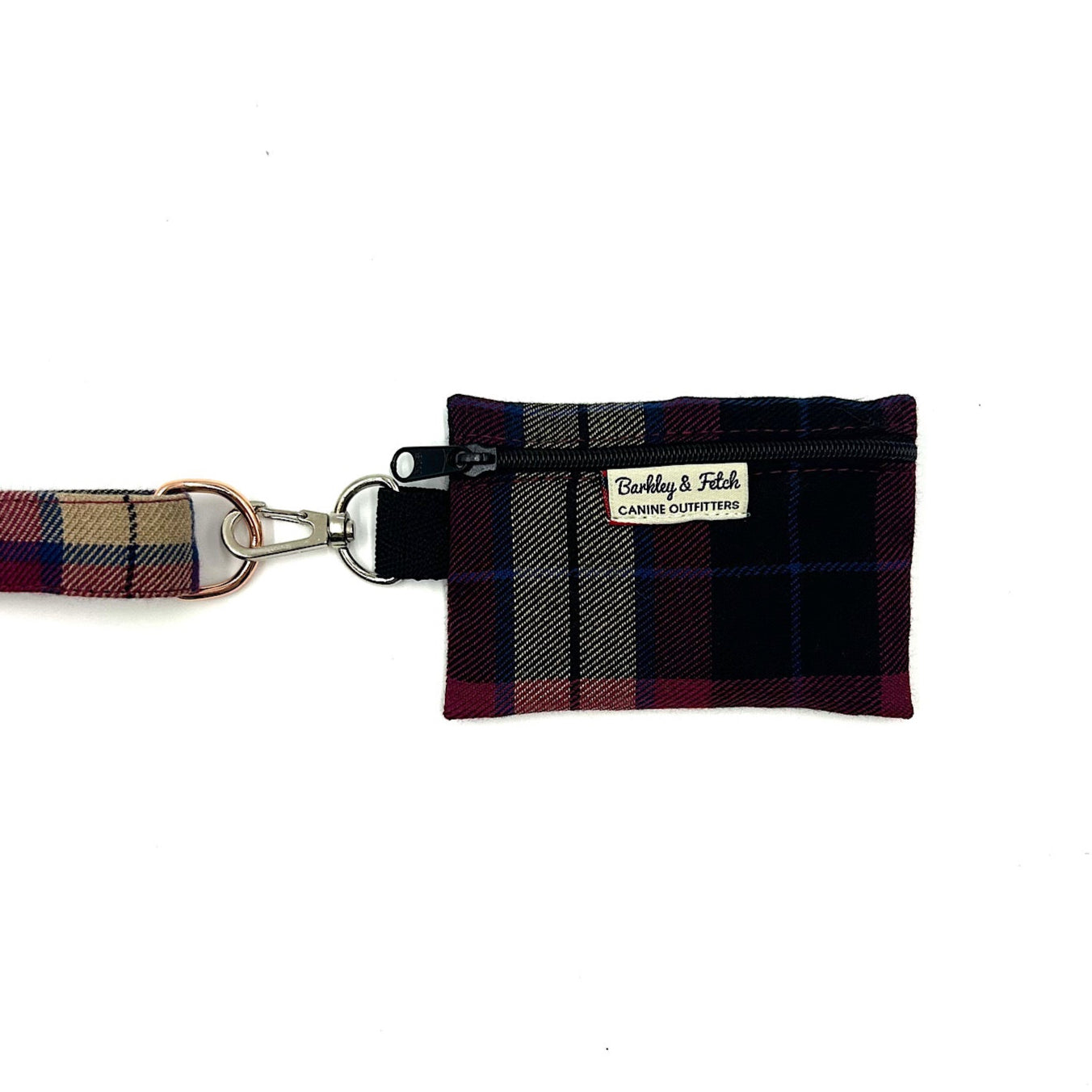 Wine tartan check poo bag purse clipped onto a matching leash