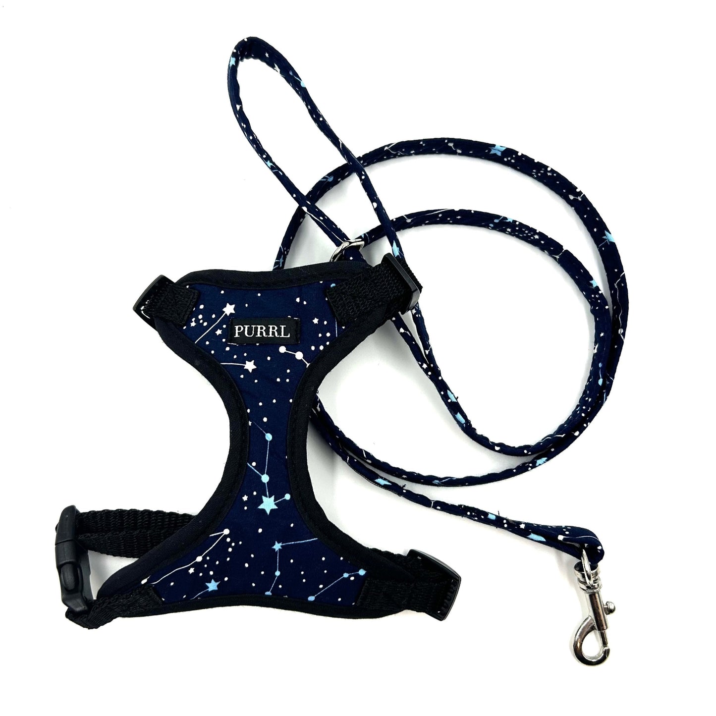 Cute handmade navy blue and white zodiac star print soft harness with black trims and lead for cats