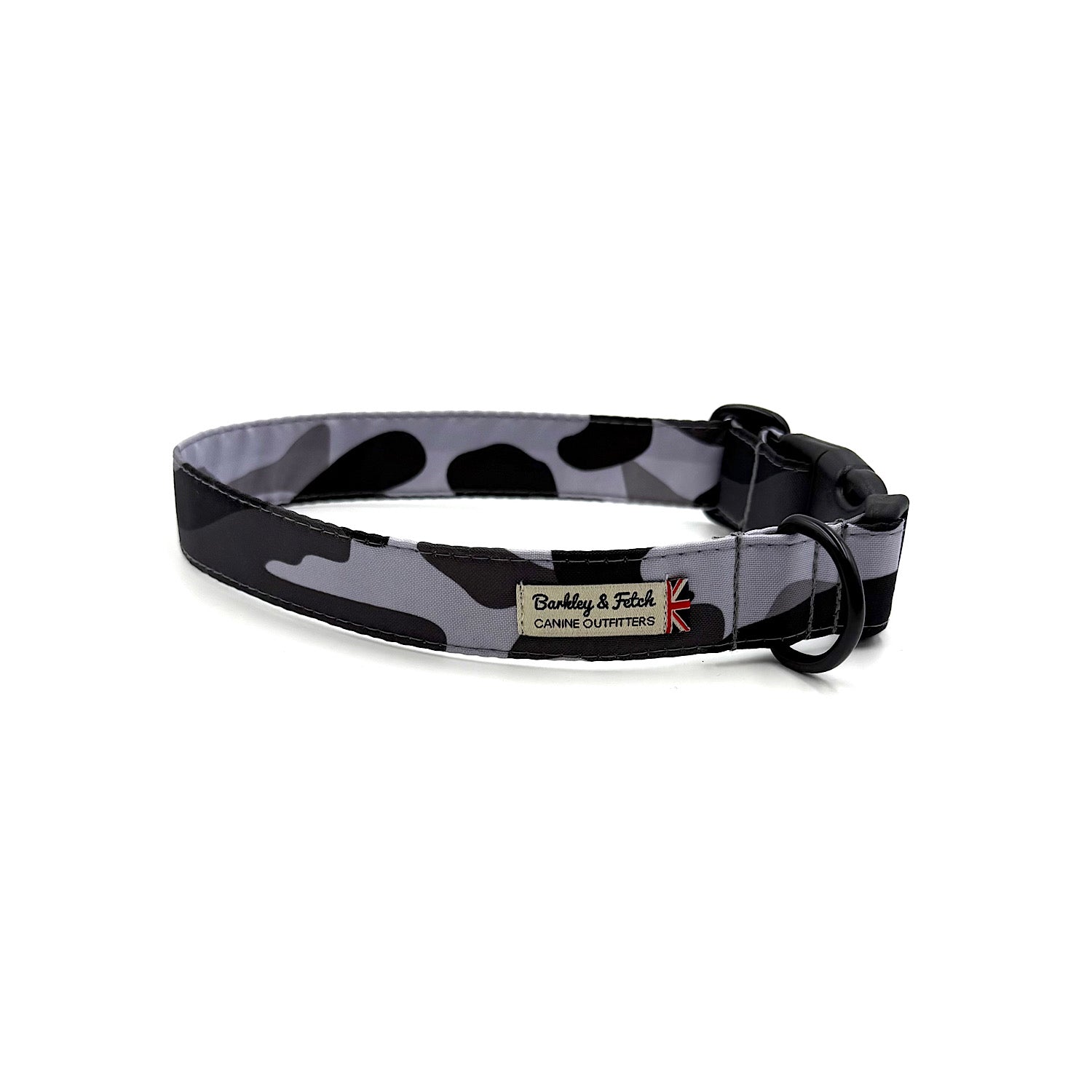 Camouflage-patterned dog collar with a brand label on a white background