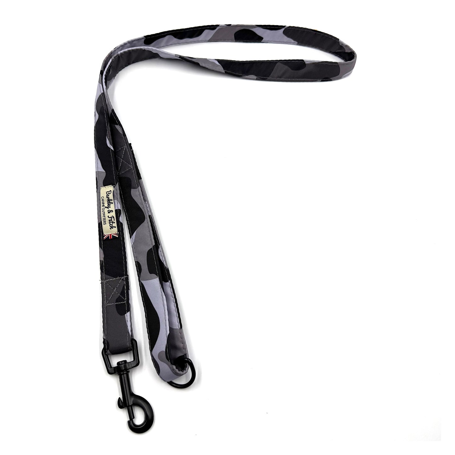 Black and gray camouflage dog leash with a clip on a white background