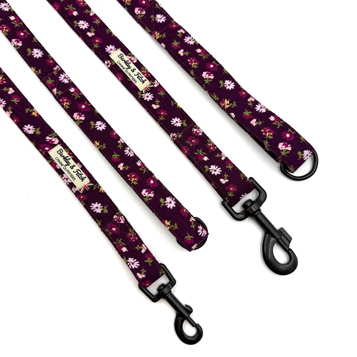 Floral patterned dog leash on a white background