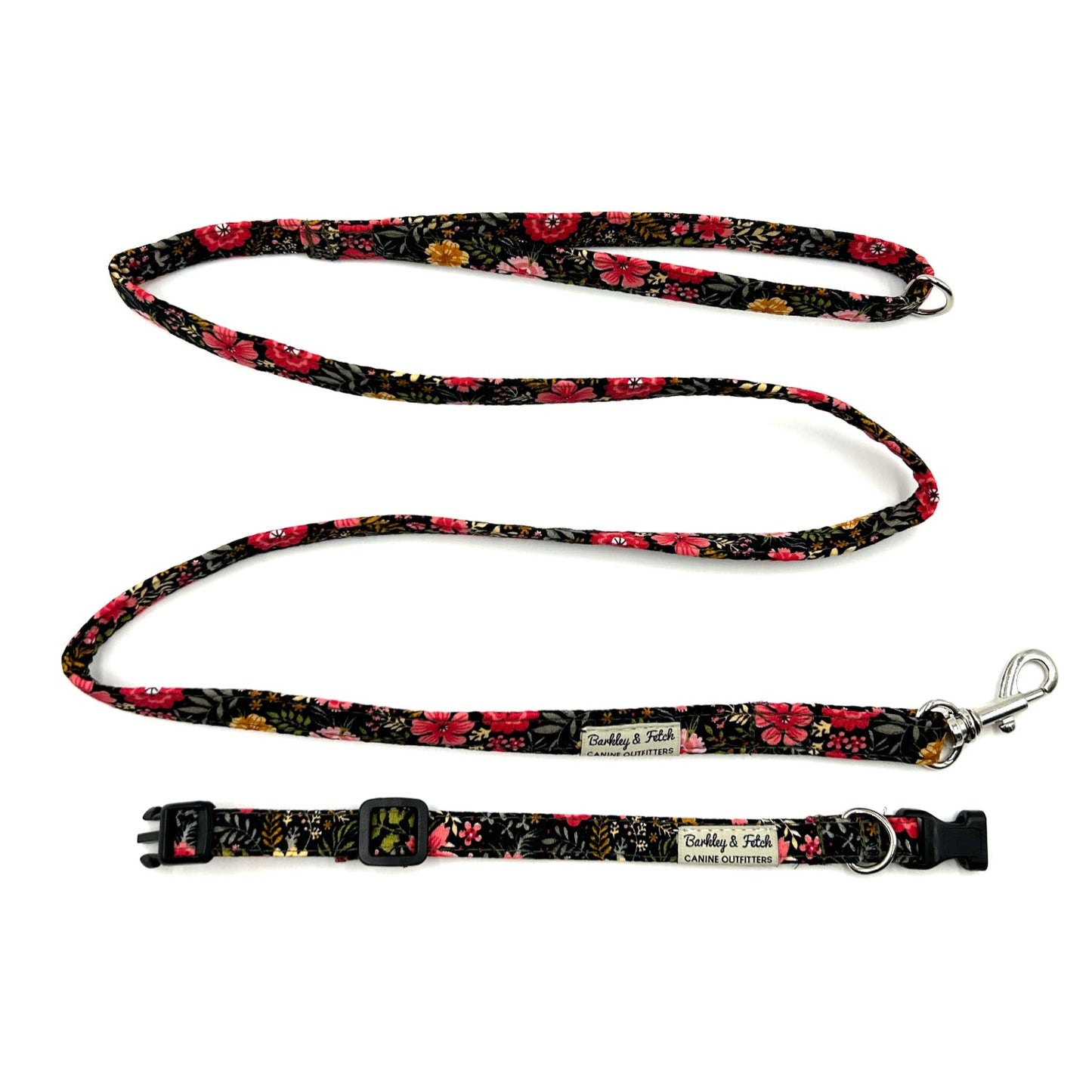 Floral patterned dog leash and collar set on a white background