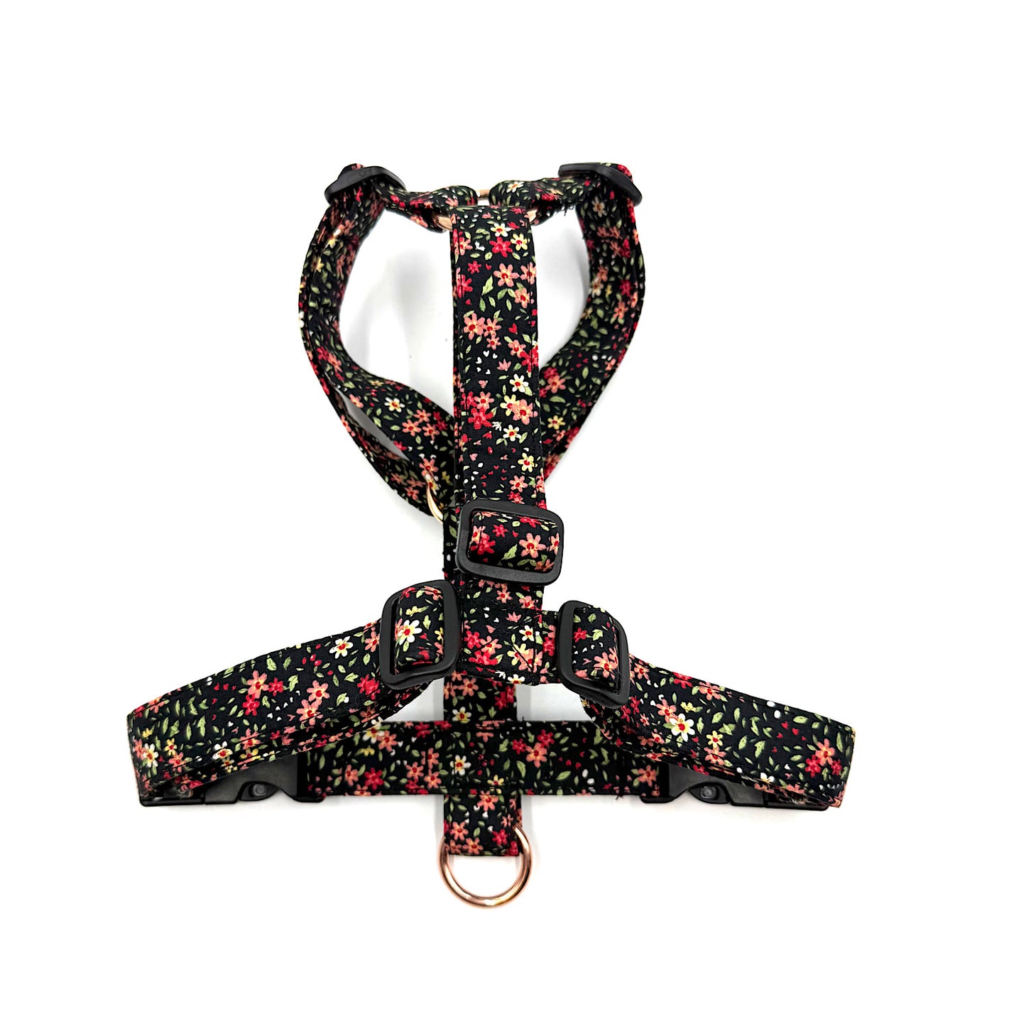 Floral-patterned dog harness on a white background handmade in uk by barkley and fetch