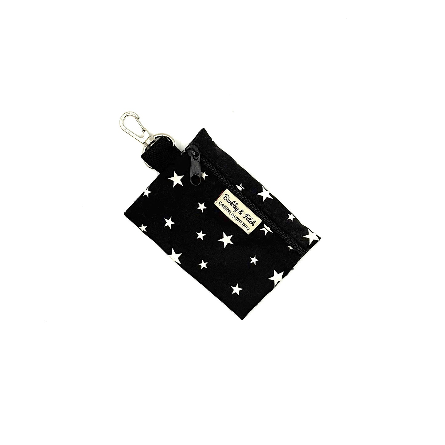 Black pouch with white star pattern and a visible brand label on a white background