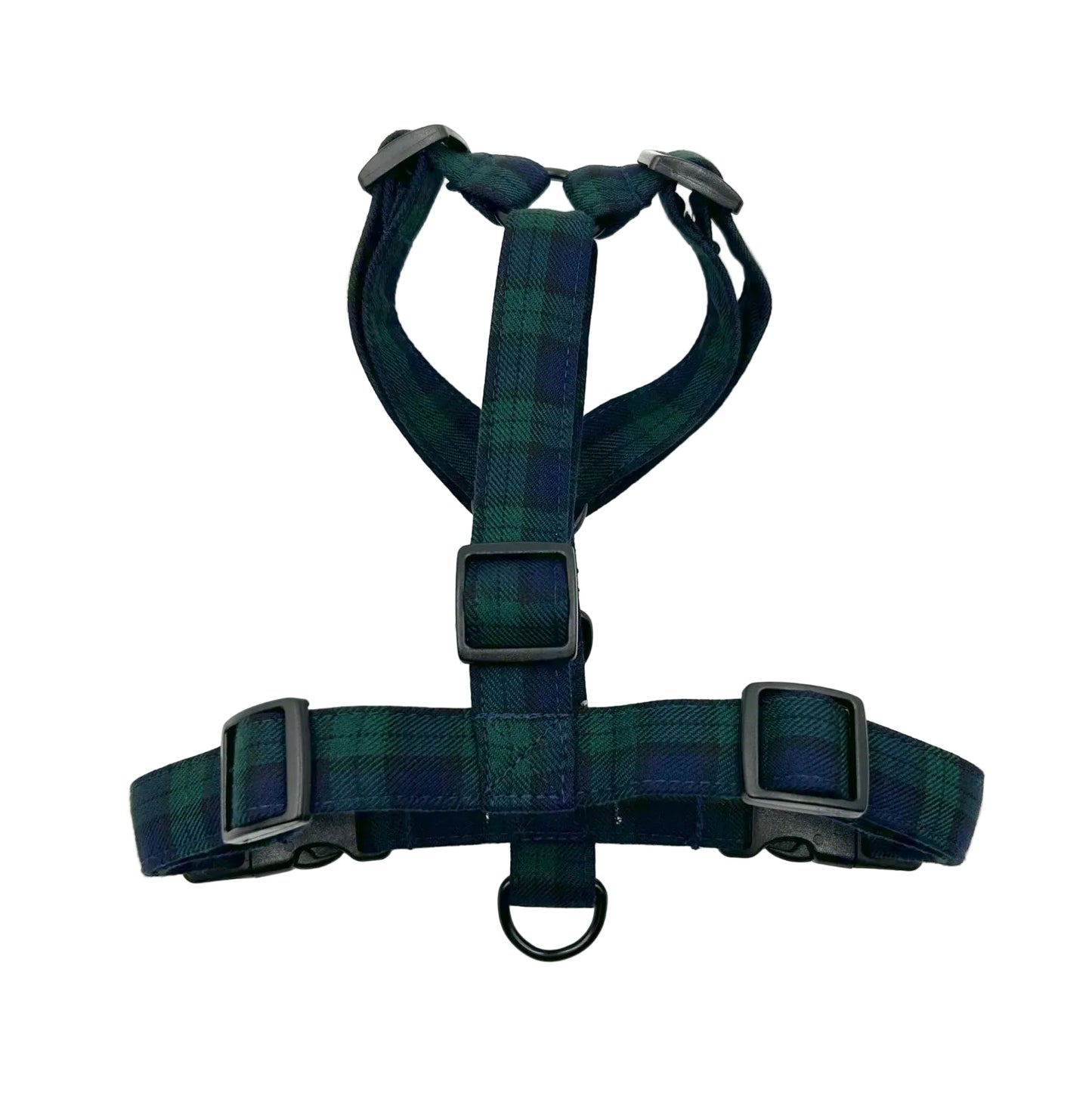Dog harness with black and green plaid pattern on a white background handmade in the UK by Barkley And Fetch