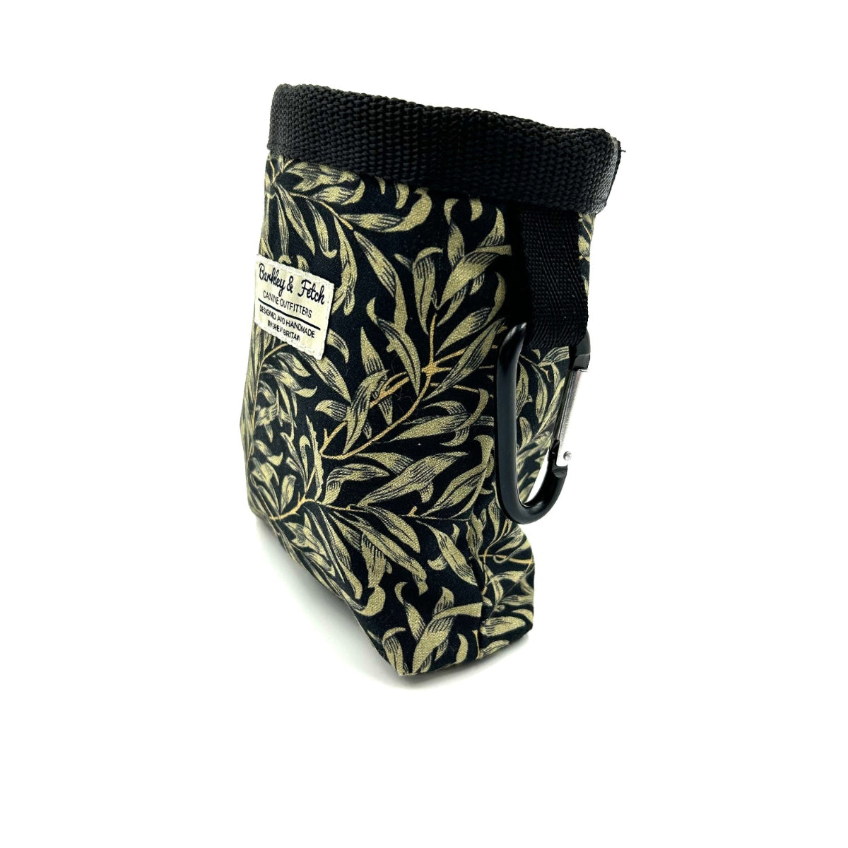 Black and gold patterned dog treat pouch on a white background handmade by Barkley and Fetch UK