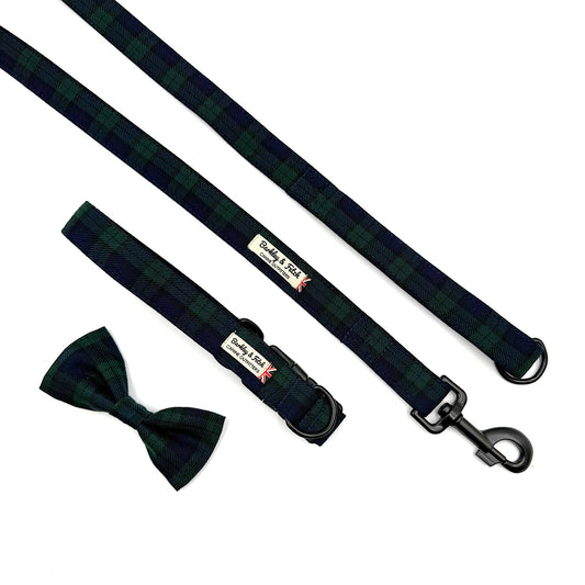 Black and green plaid dog collar and leash set on a white background