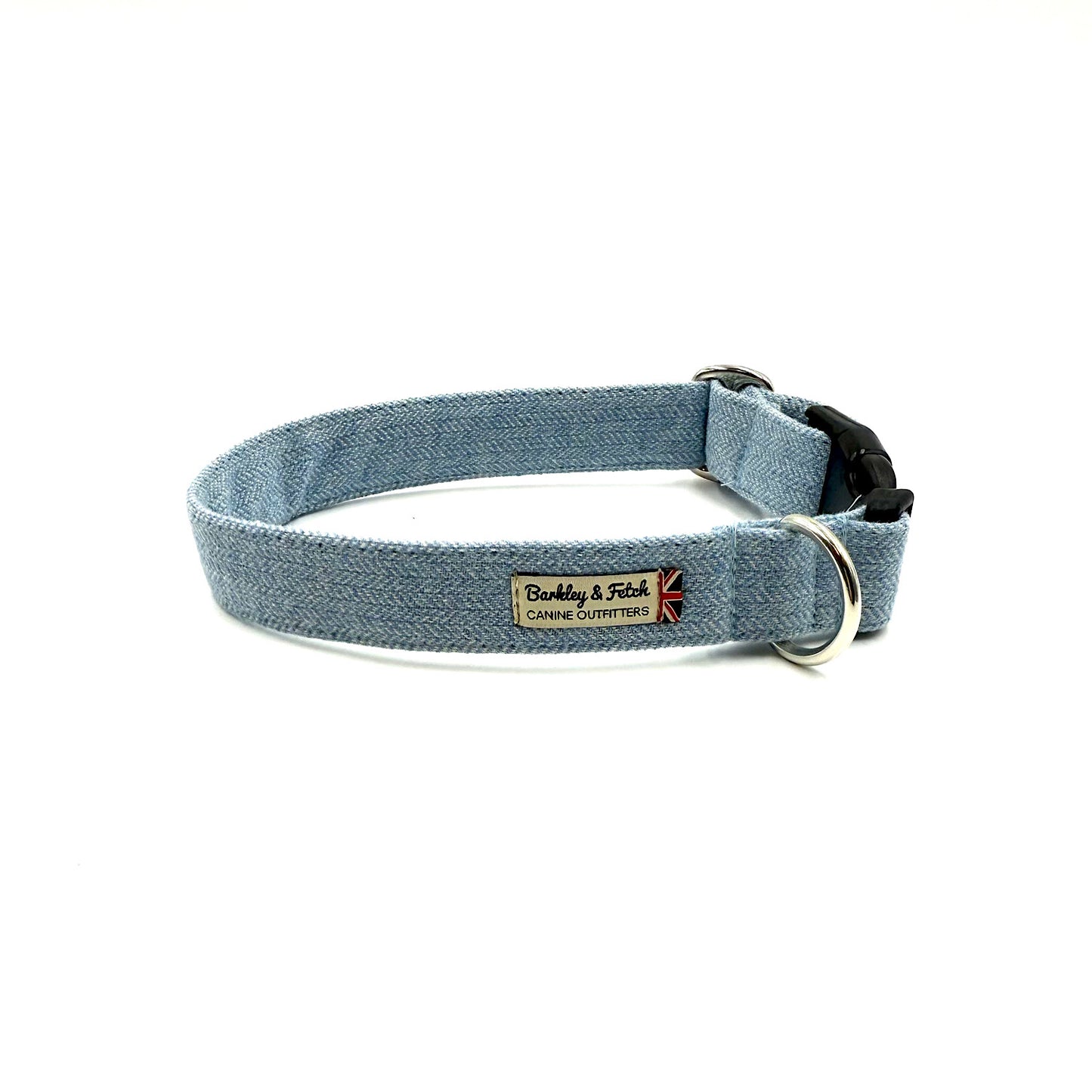 wool dog collar with a barkley and fetch brand label on a white background