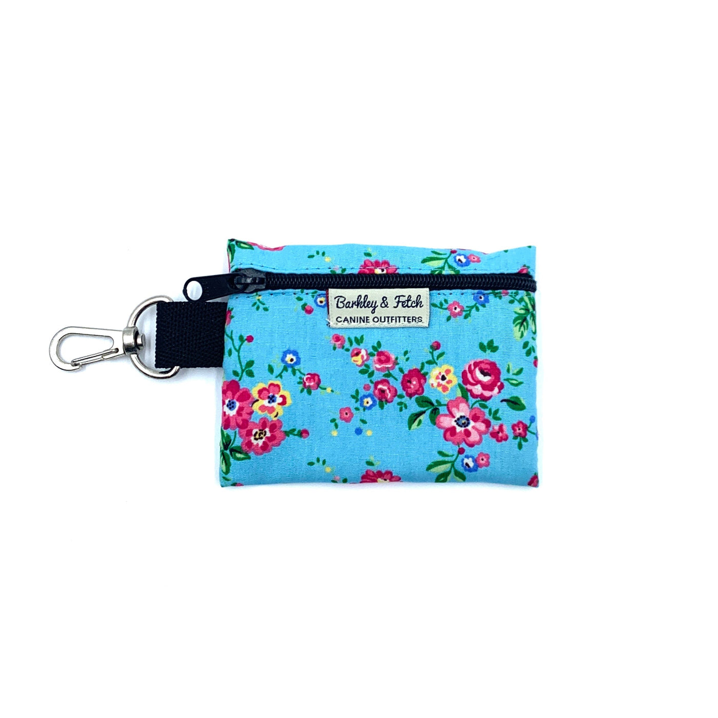 Floral-patterned pouch with a keychain clip on a white background