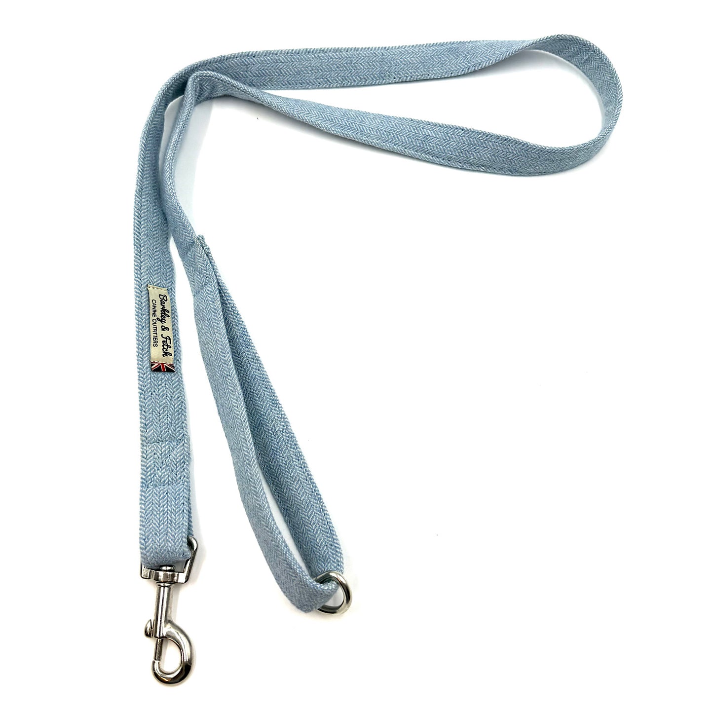 Light blue dog leash with a metal clip on a white background