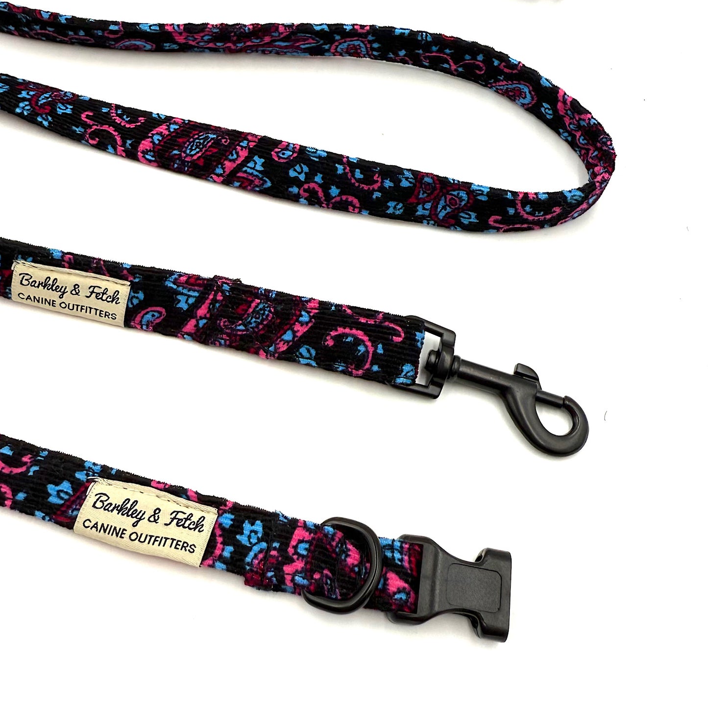 Dog collar and leash set with colorful pattern on a white background