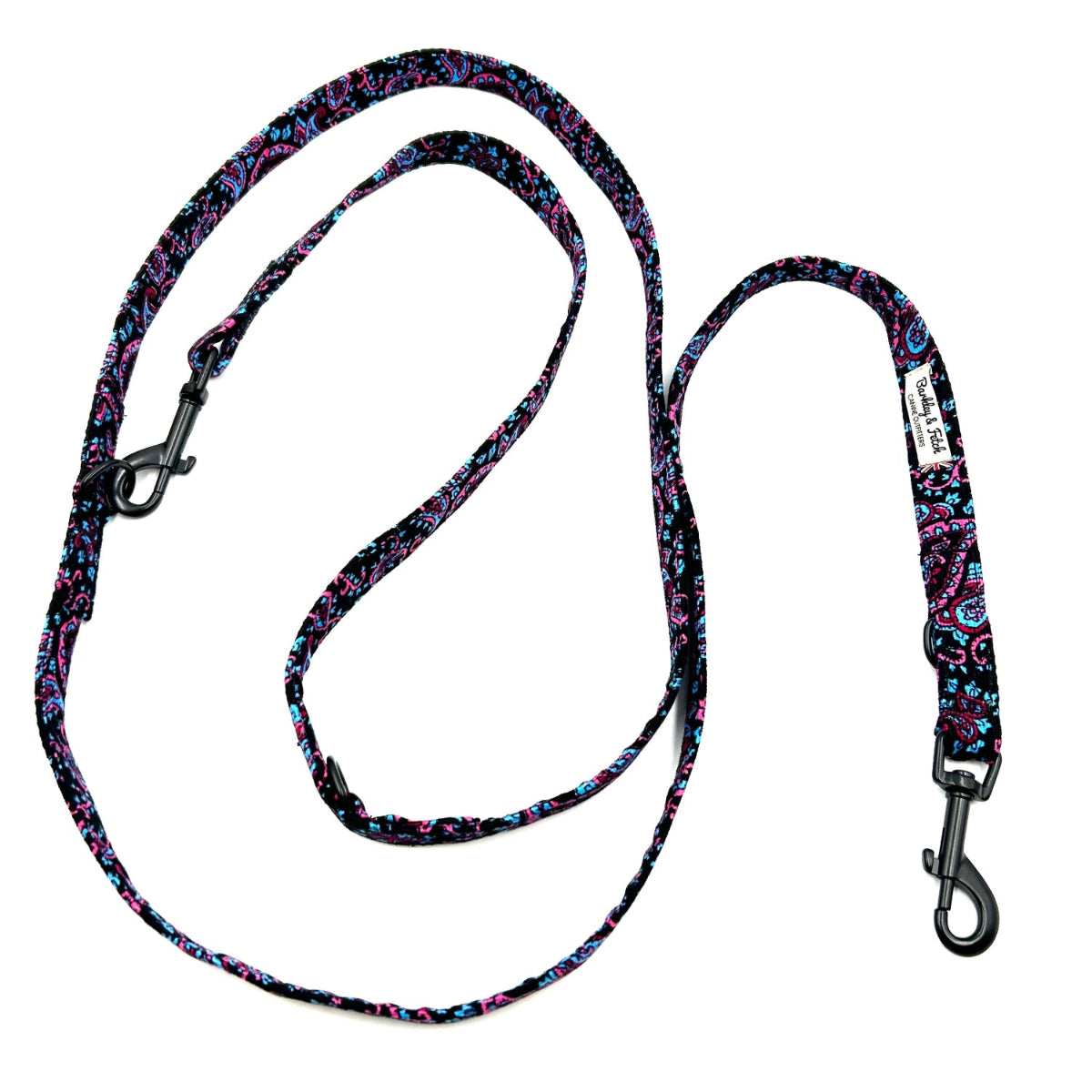 Multicolored patterned dog leash on a white background British handmade by Barkley and Fetch