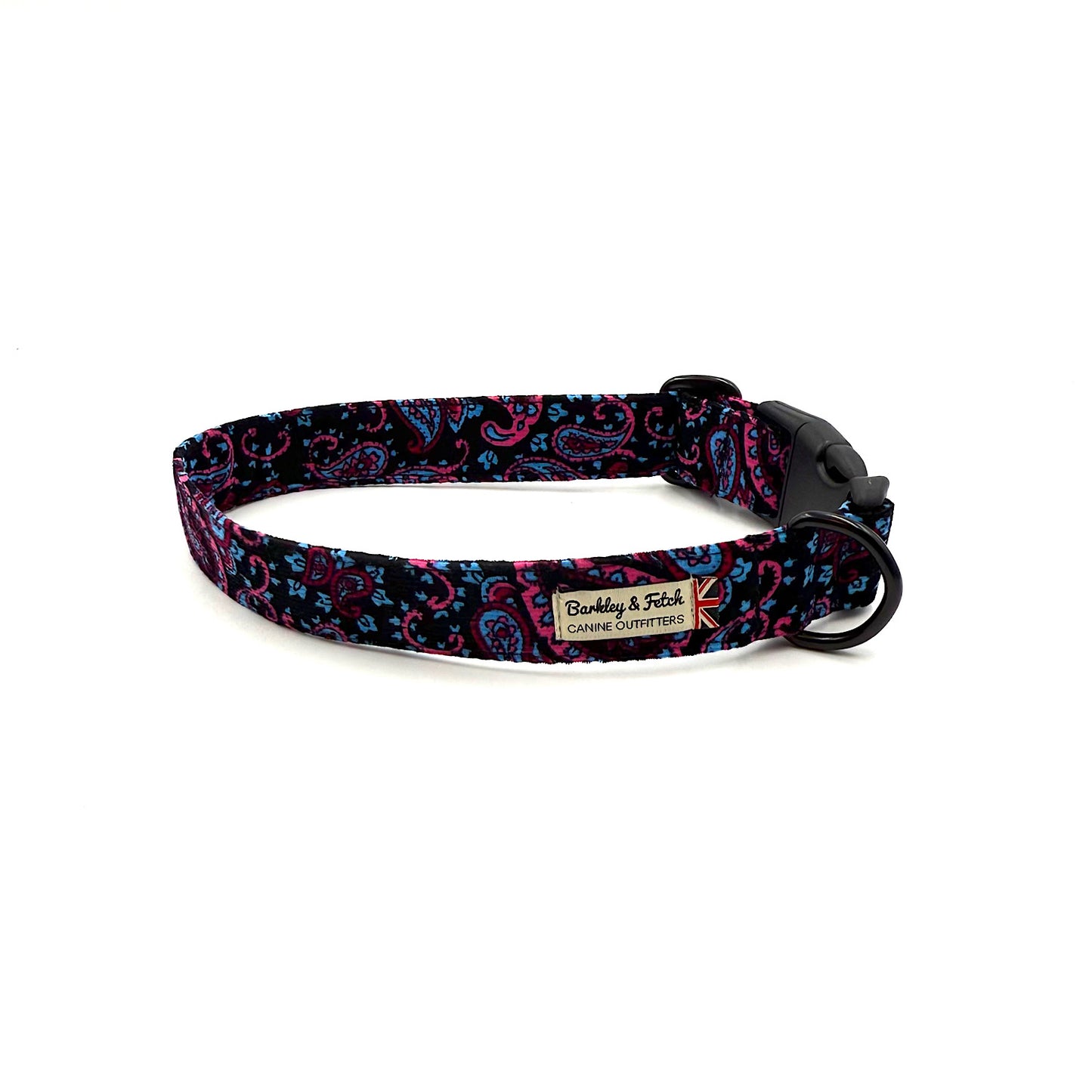 Dog collar with black and pink pattern on a white background