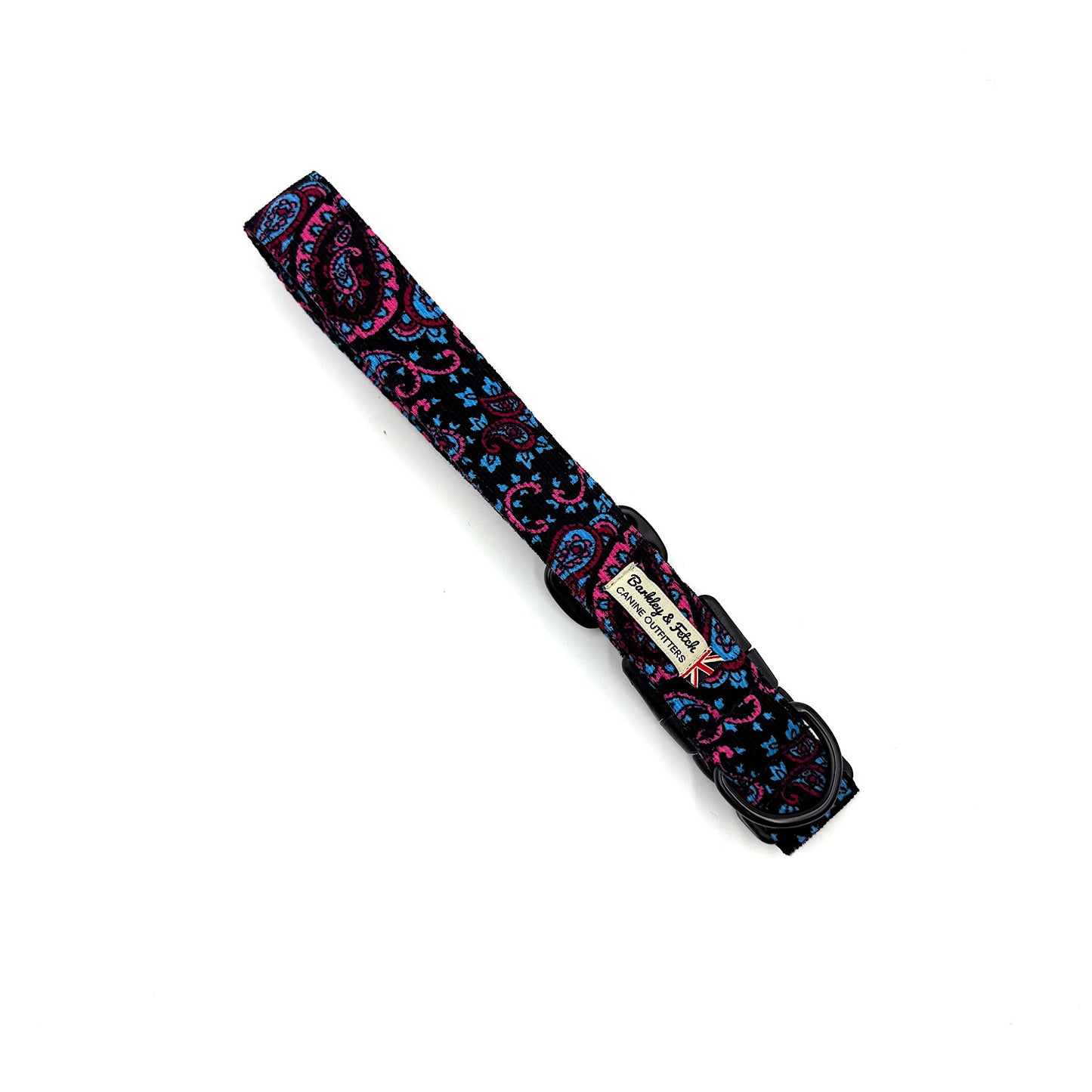 Decorative dog collar with colorful paisley pattern on a white background