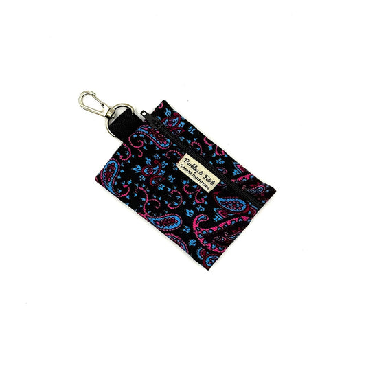 Small pouch with paisley pattern and keychain clip on a white background