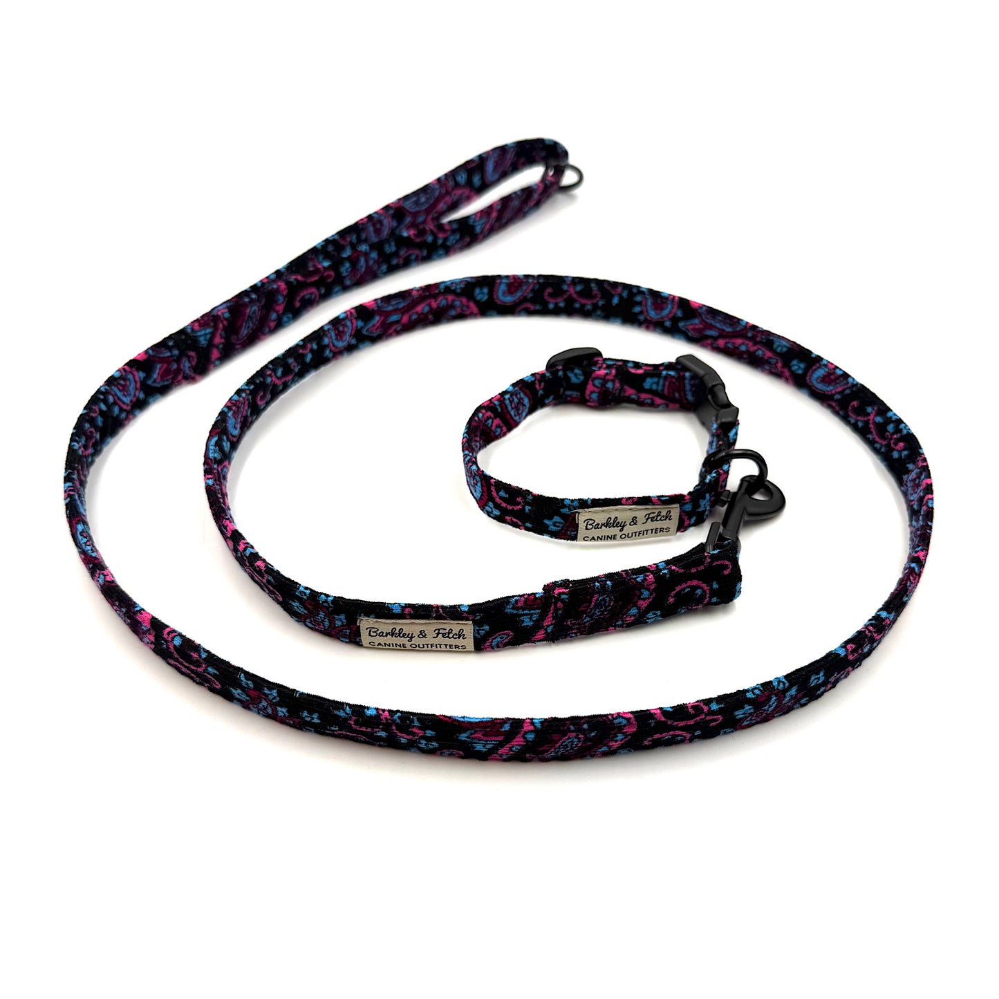 Dog leash and collar set with colorful pattern on a white background