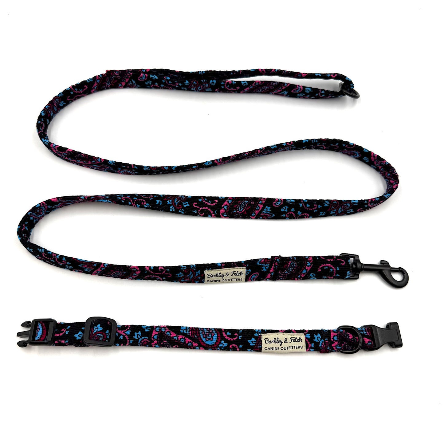 Dog collar and leash set with colorful pattern on a white background
