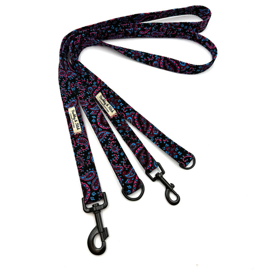 Dog leash with colorful paisley pattern on a white background