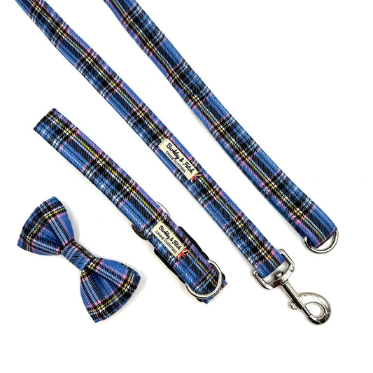 Blue plaid dog leash and bow tie set on a white background