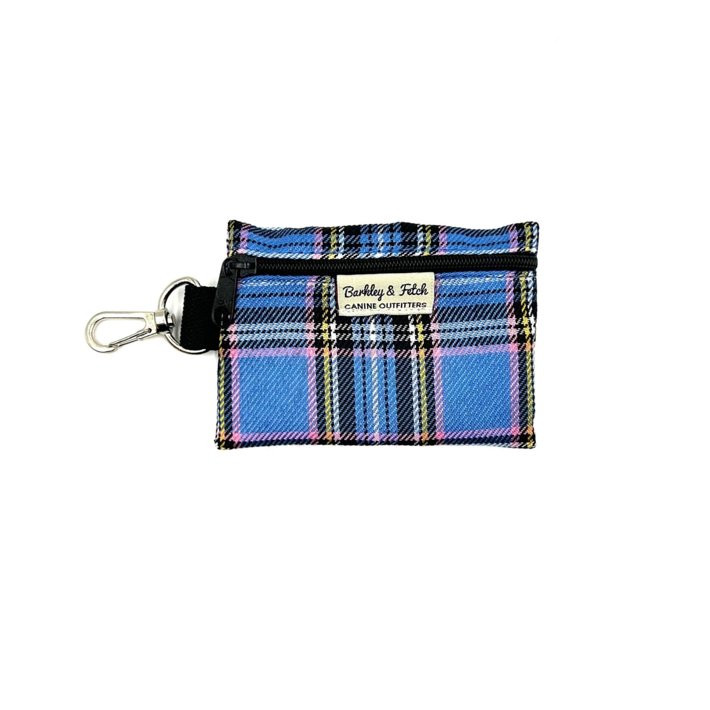 Plaid dog accessory with key ring on a white background