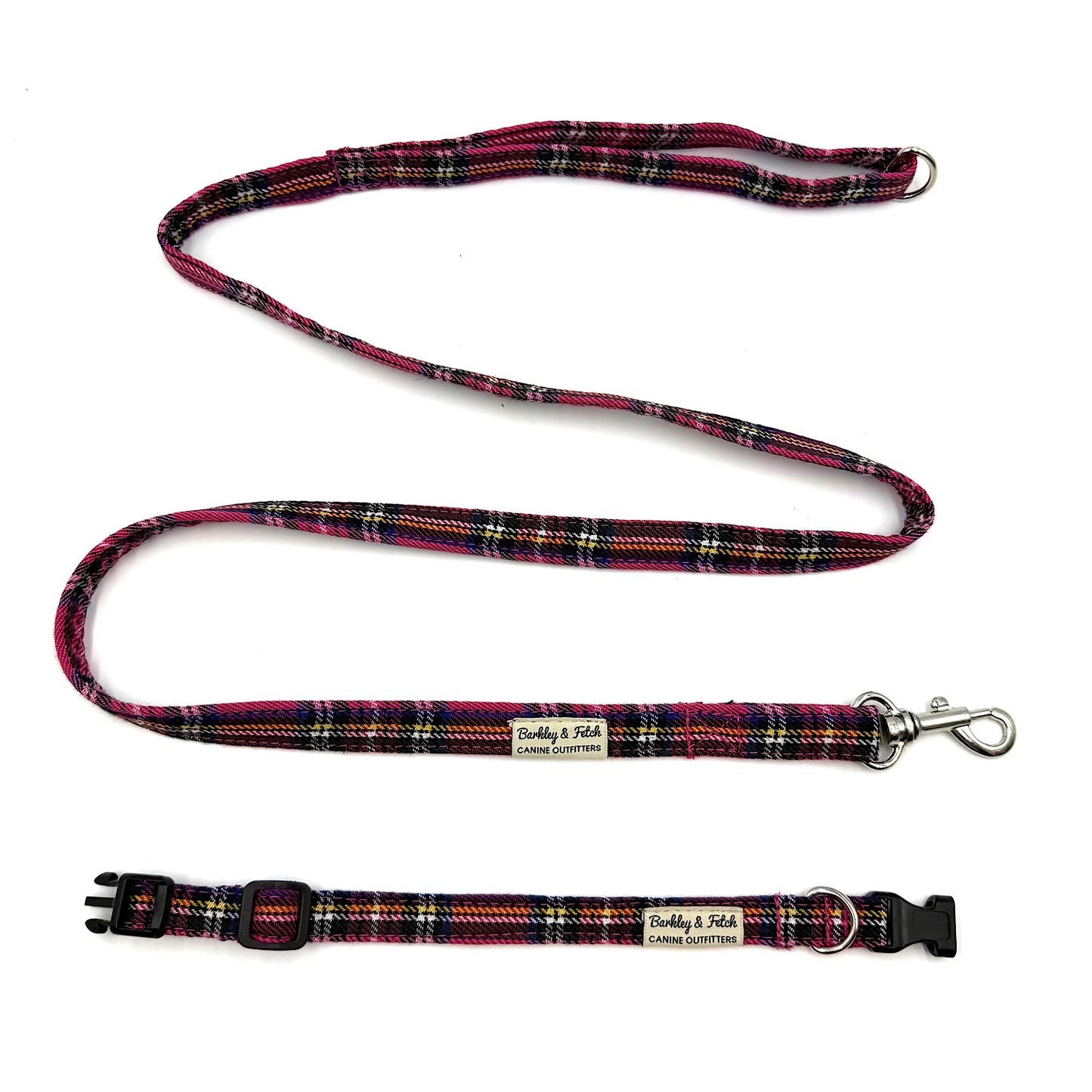 Plaid dog collar and leash set on a white background