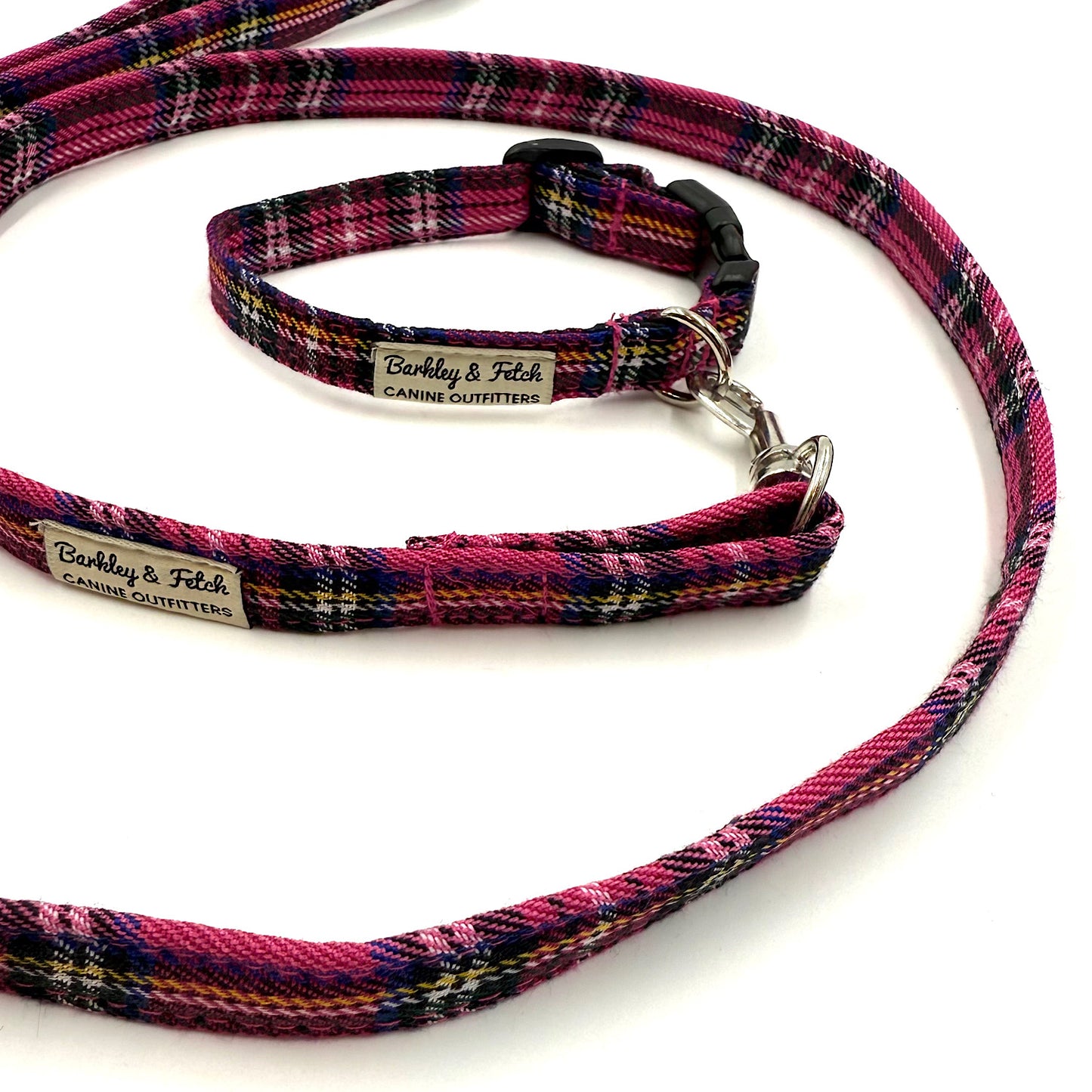 Plaid dog collar and leash set with 'Barkley & Fetch' branding on a white background