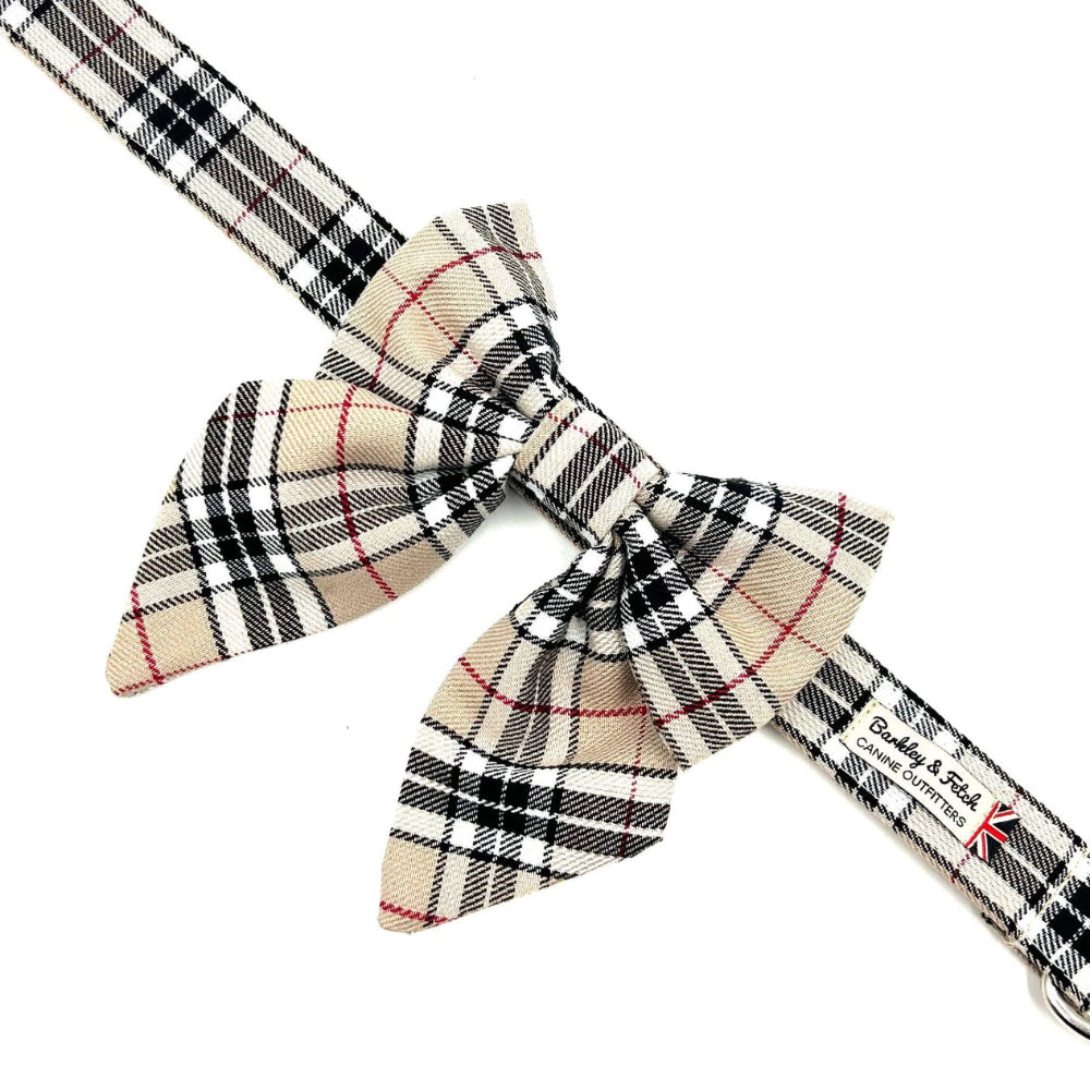 Plaid collar with a bow on a white background handmade in uk by barkley and fetch