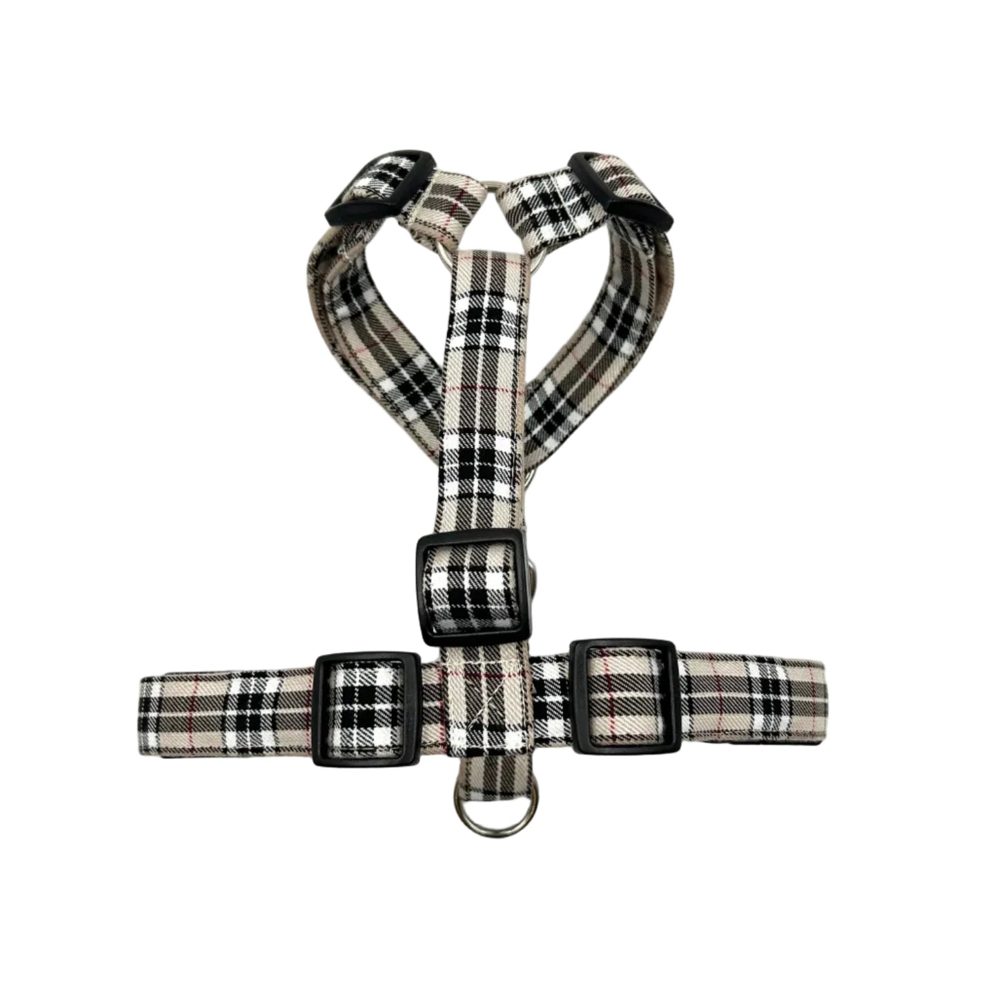 Plaid patterned dog harness on a white background handmade by Barkley and fetch UK