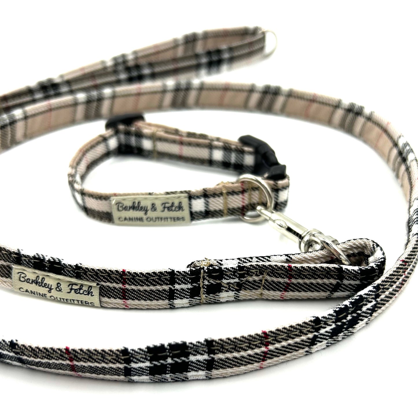 Plaid dog leash and collar set with 'Barkley & Fetch' branding on a white background
