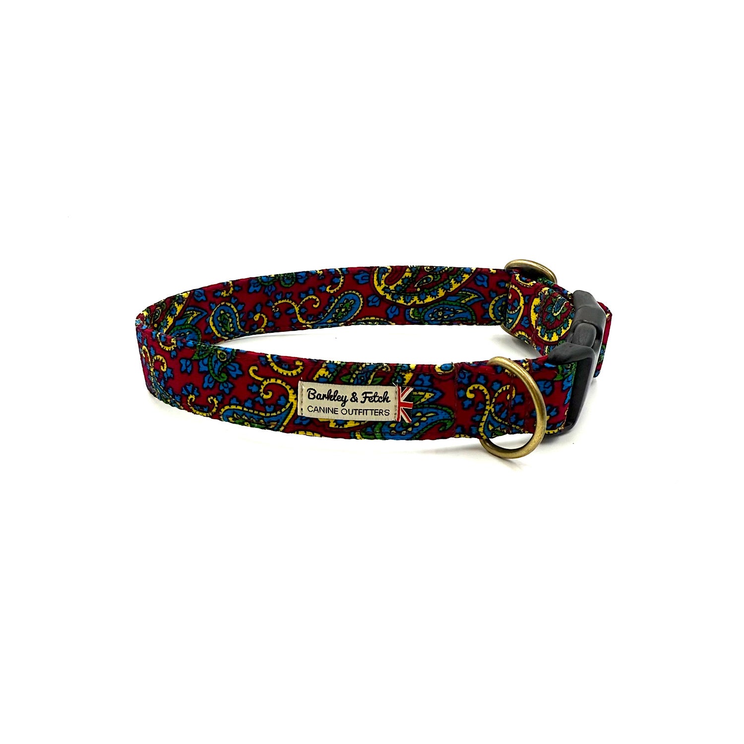 Colorful patterned dog collar with a brand label on a white background handmade by barkley and fetch uk