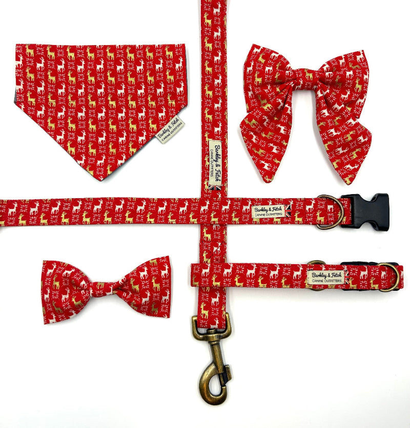Red dog collar, leash, and bandana set with reindeer pattern on a white background handmade in uk by Barkley and Fetch