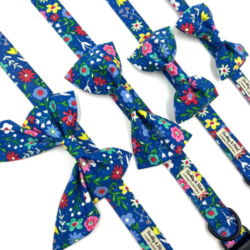 Set of floral-patterned dog collars and leashes on a white background handmade by barkley and fetch uk