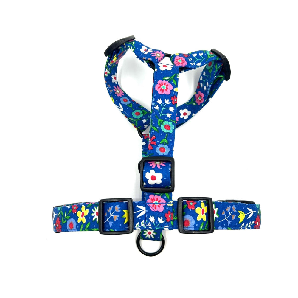 Floral-patterned dog harness on a white background handmade by barkley and fetch uk