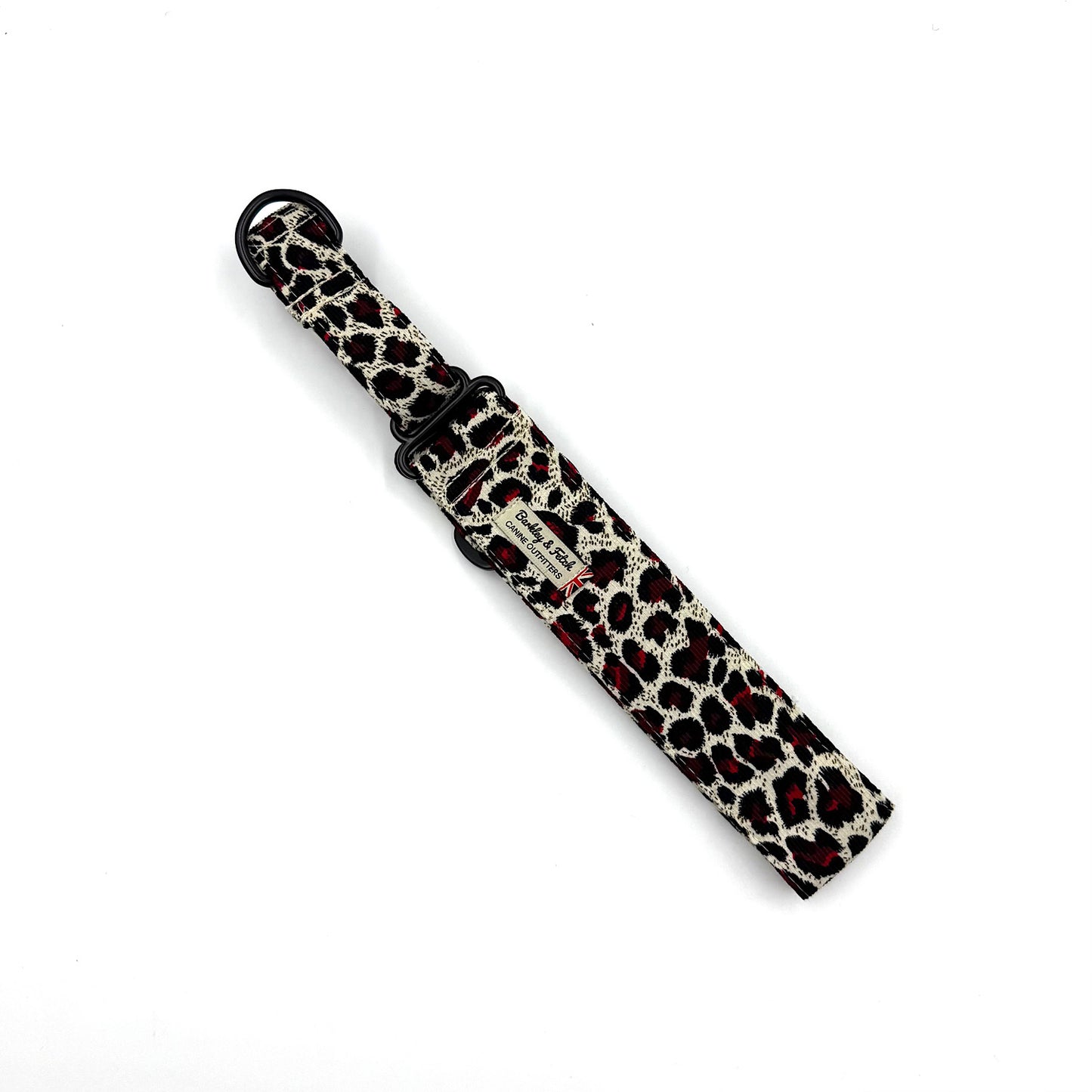 Leopard print dog martingale collar on a white background handmade in the uk by Barkley and fetch