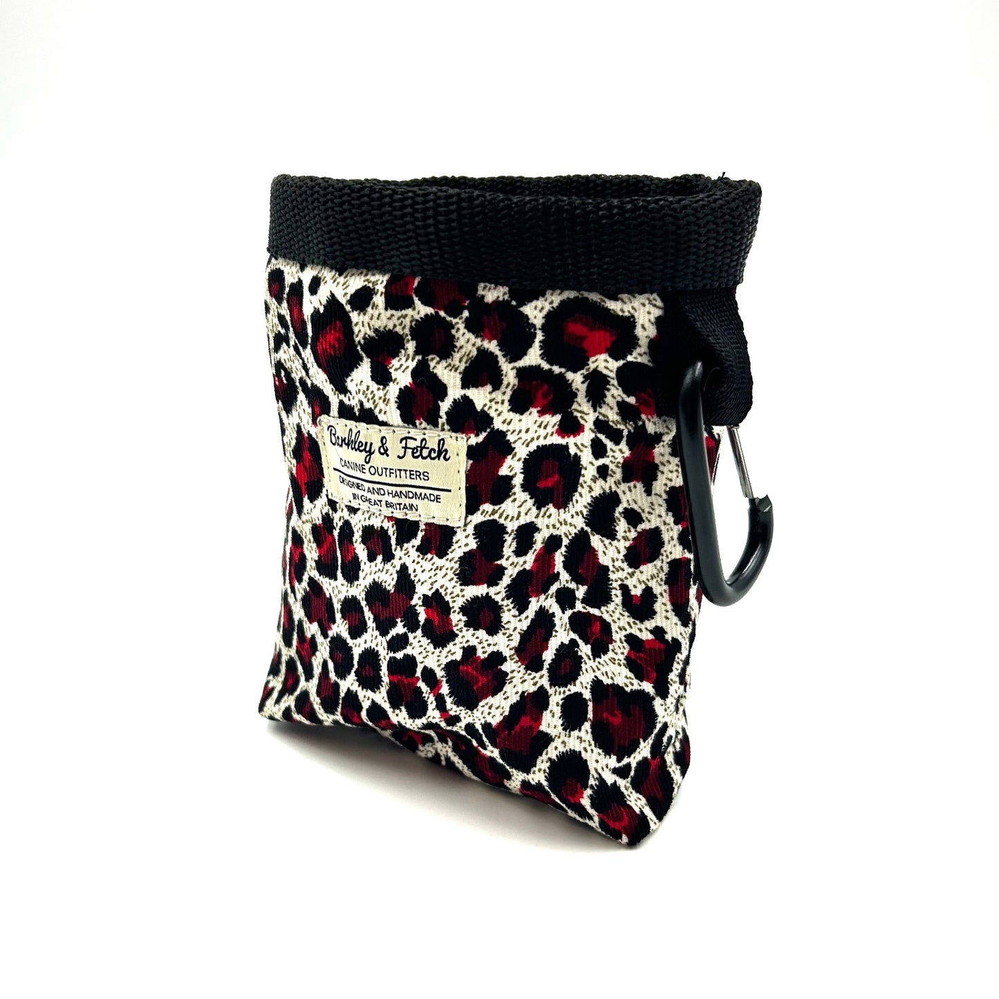 Leopard print treat pouch with black carabiner on a white background