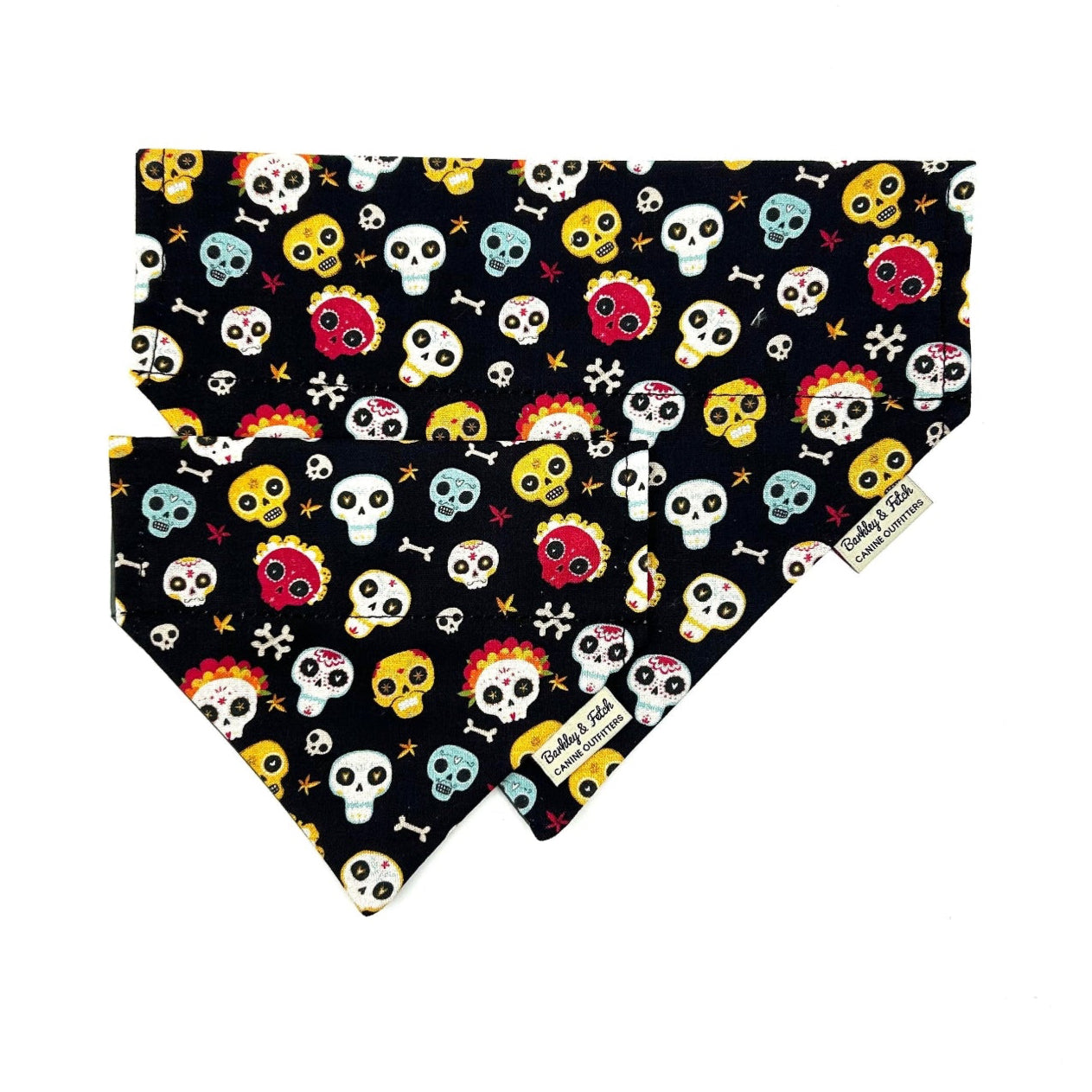 Dog bandana with colorful skull pattern on a black background