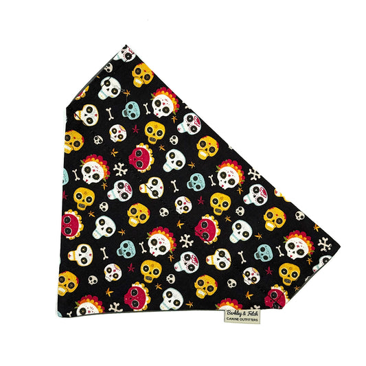 Colorful skull patterned bandana on a black background