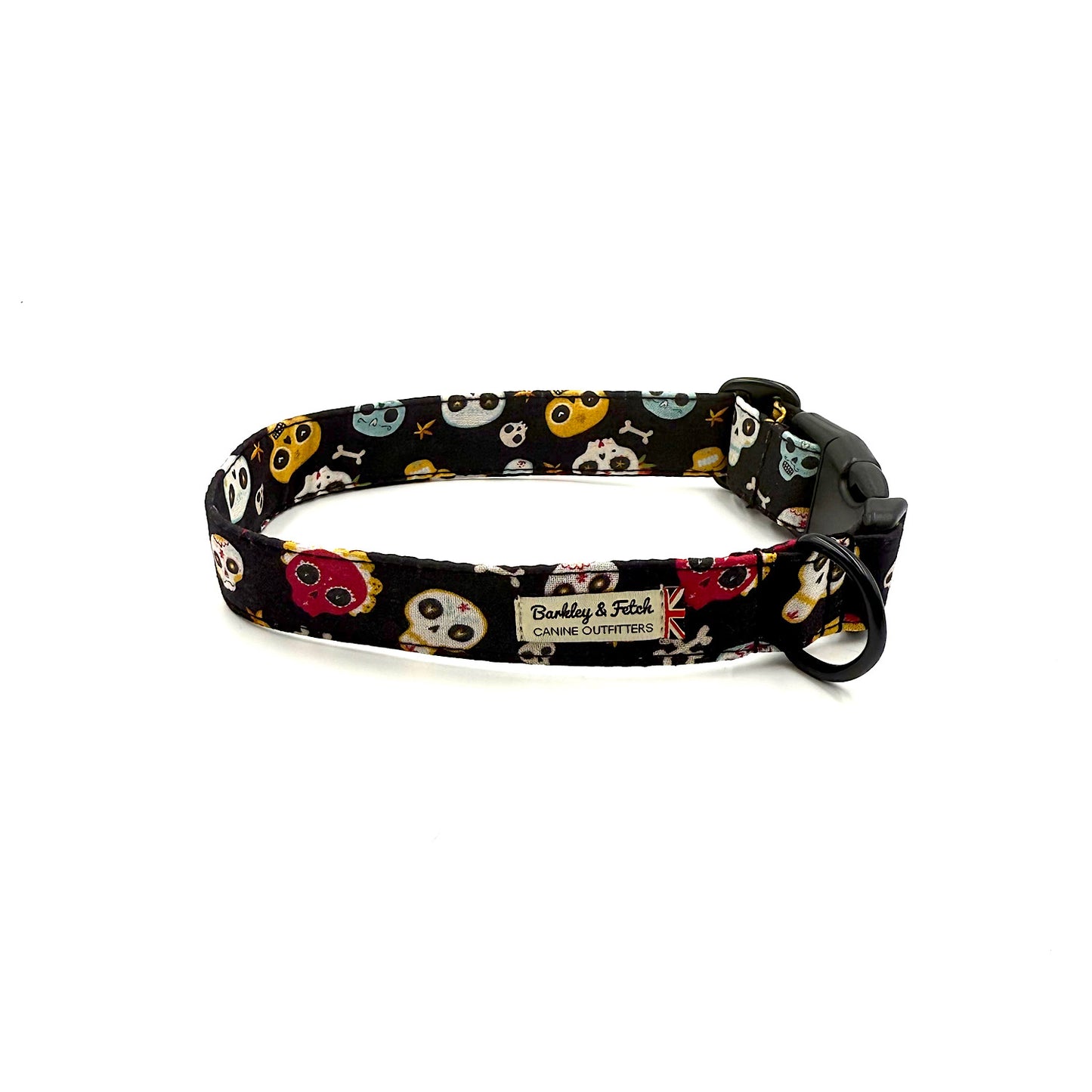 Dog collar with skull and crossbones pattern on a white background
